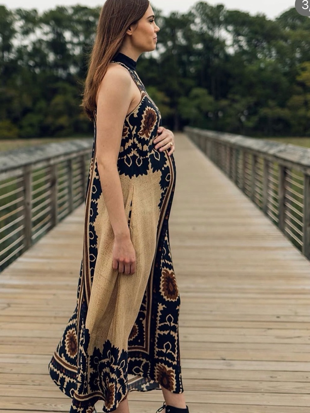 Farm Rio Halter Maxi Dress Sleeveless Floral Scarf Print Beige Orange Med - Picture 5 of 13